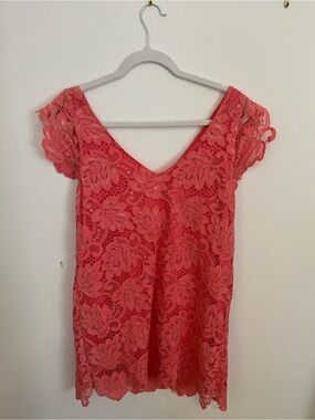 Lace V-Neck Short Sleeve Dress in Coral Pink